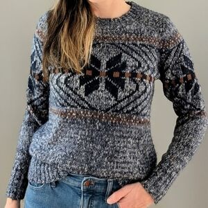 Vintage Woolrich Women's Navy and Brown Fair Isle Ski Patterned Sweater, Sz SP